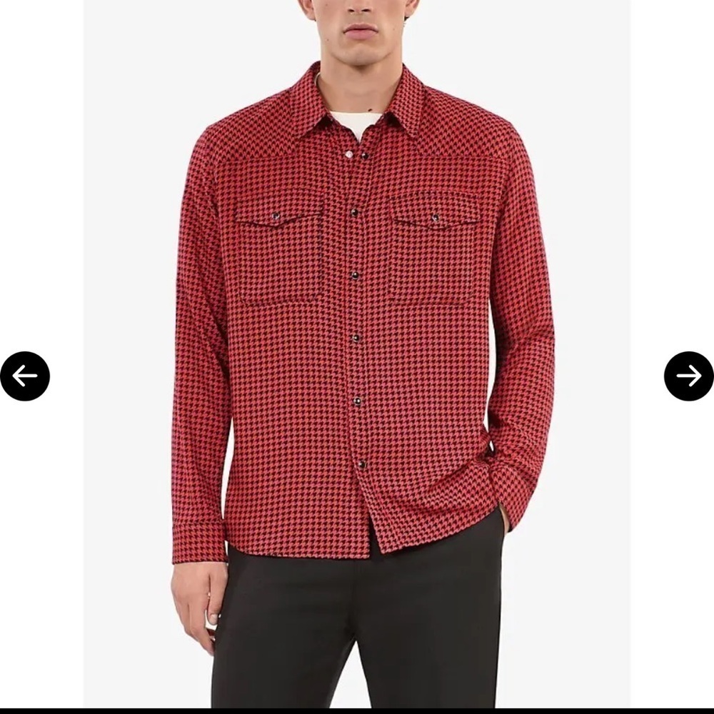 The Kooples Red & Black Houndstooth Button Down Shirt Jacket Over Shirt Size L